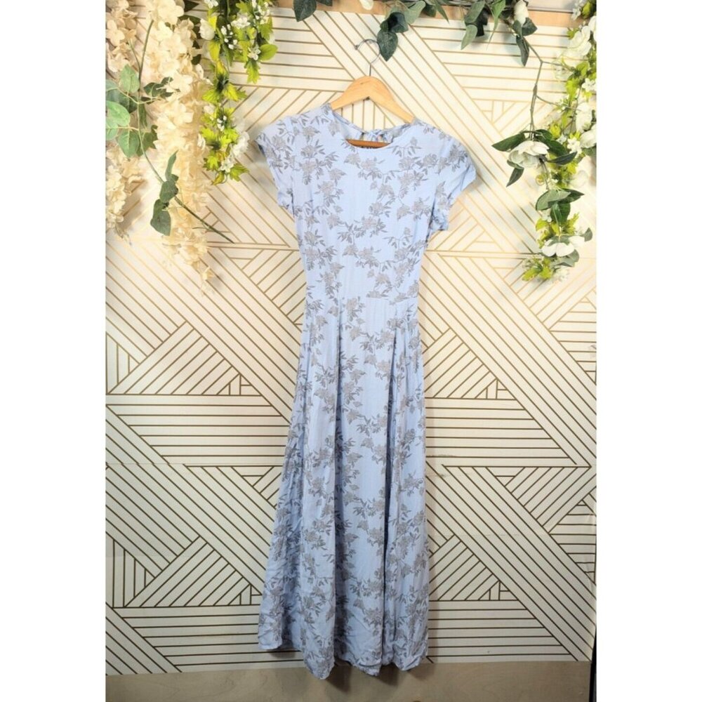 Urban Outfitters Lindsey Blue Floral Dress Leg Slit Open Tie Back Cap Sleeve Sma